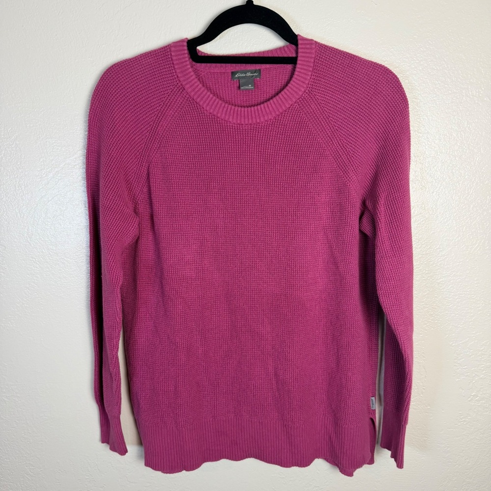 Vtg Eddie Bauer Womens M Cotton Pink waffle knit Crewneck Sweater cozy classic